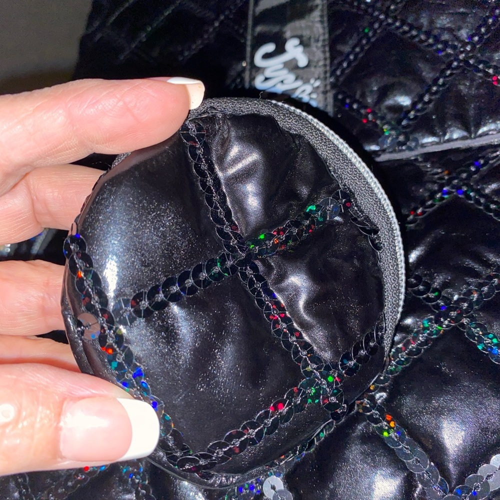 Justice Shiny Black Quilted Backpack with change purse